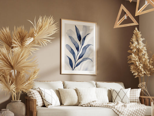 Quadro botanico con foglie blu acquerello: vista 2 del prodotto