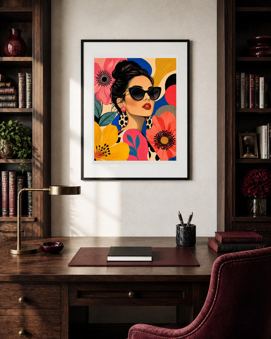 Poster digitale ritratto pop con fiori e occhiali - Estate Pop, file da stampare