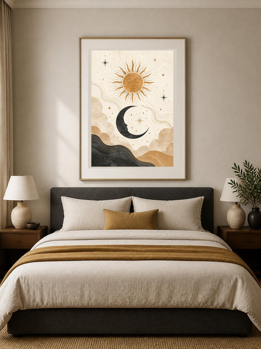 Poster digitale simboli celesti boho - Sole e Luna, file da stampare
