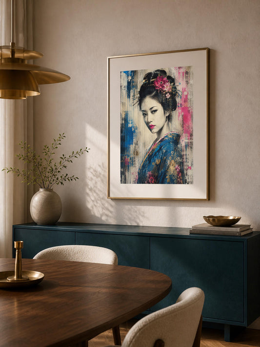 Poster digitale ritratto femminile contemporaneo con fiori - Geisha Contemporanea, file da stampare