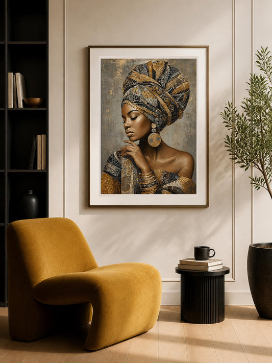 Poster digitale ritratto femminile con copricapo e gioielli - Grazia d'Oro, file da stampare