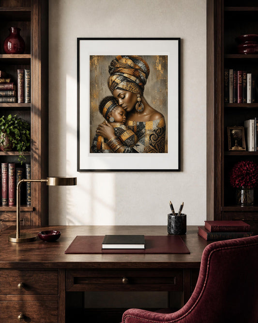 Poster digitale ritratto di madre e bambino - Abbraccio d'Oro, file da stampare