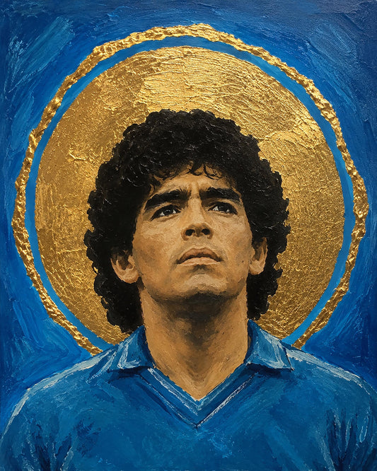 Poster digitale ritratto frontale di calciatore con aureola dorata - Icona Azzurra II, file da stampare