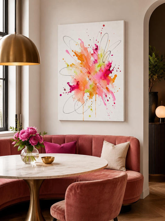 Quadro astratto colorato con schizzi rosa e arancio: vista 2 del prodotto