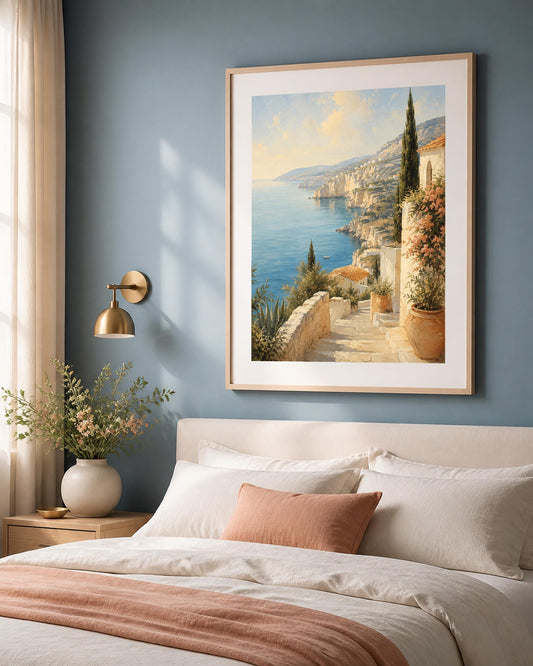 Quadro scalinata mediterranea affacciata sul mare - Sentiero sulla Costiera, stampa, tela o cornice