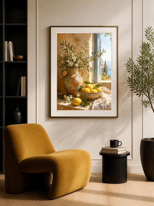 Quadro natura morta mediterranea con limoni - Limoni alla Finestra, stampa, tela o cornice