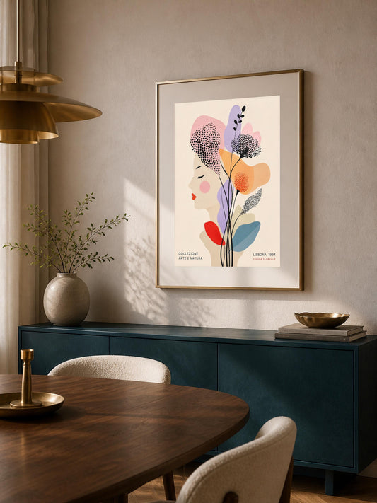 Quadro profilo femminile con fiori grafici - Profilo Fiorito di Lisbona, stampa, tela o cornice