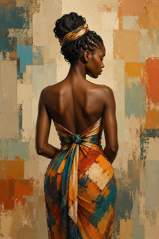 Quadro figura femminile africana con abito geometrico - Eleganza d'Africa, stampa, tela o cornice