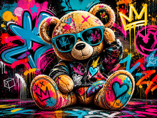 Quadro orsetto con occhiali in ambiente graffiti - Orsetto Street Pop, stampa, tela o cornice
