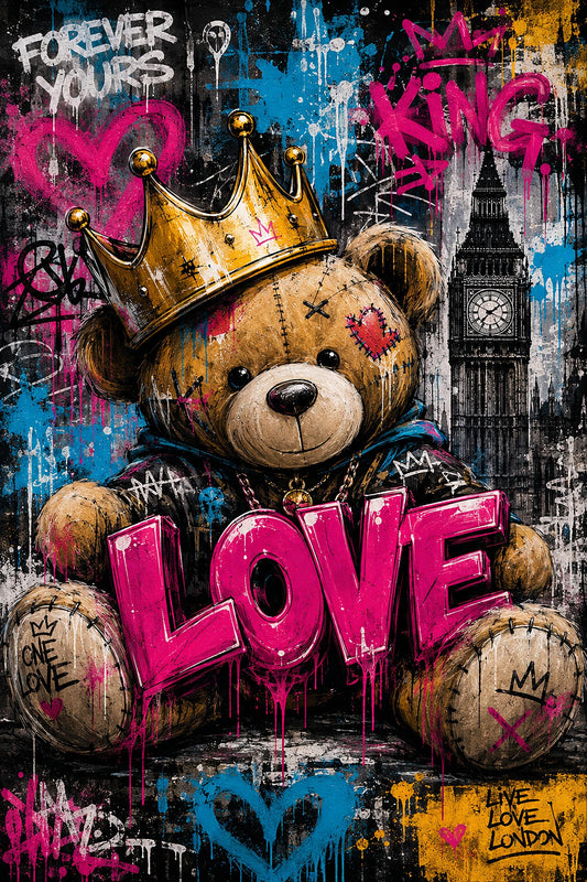 Quadro orsetto incoronato in collage urbano - Orsetto Love Street, stampa, tela o cornice