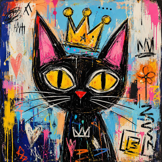 Quadro gatto nero con corona in stile street art - Gatto Reale Pop, stampa, tela o cornice