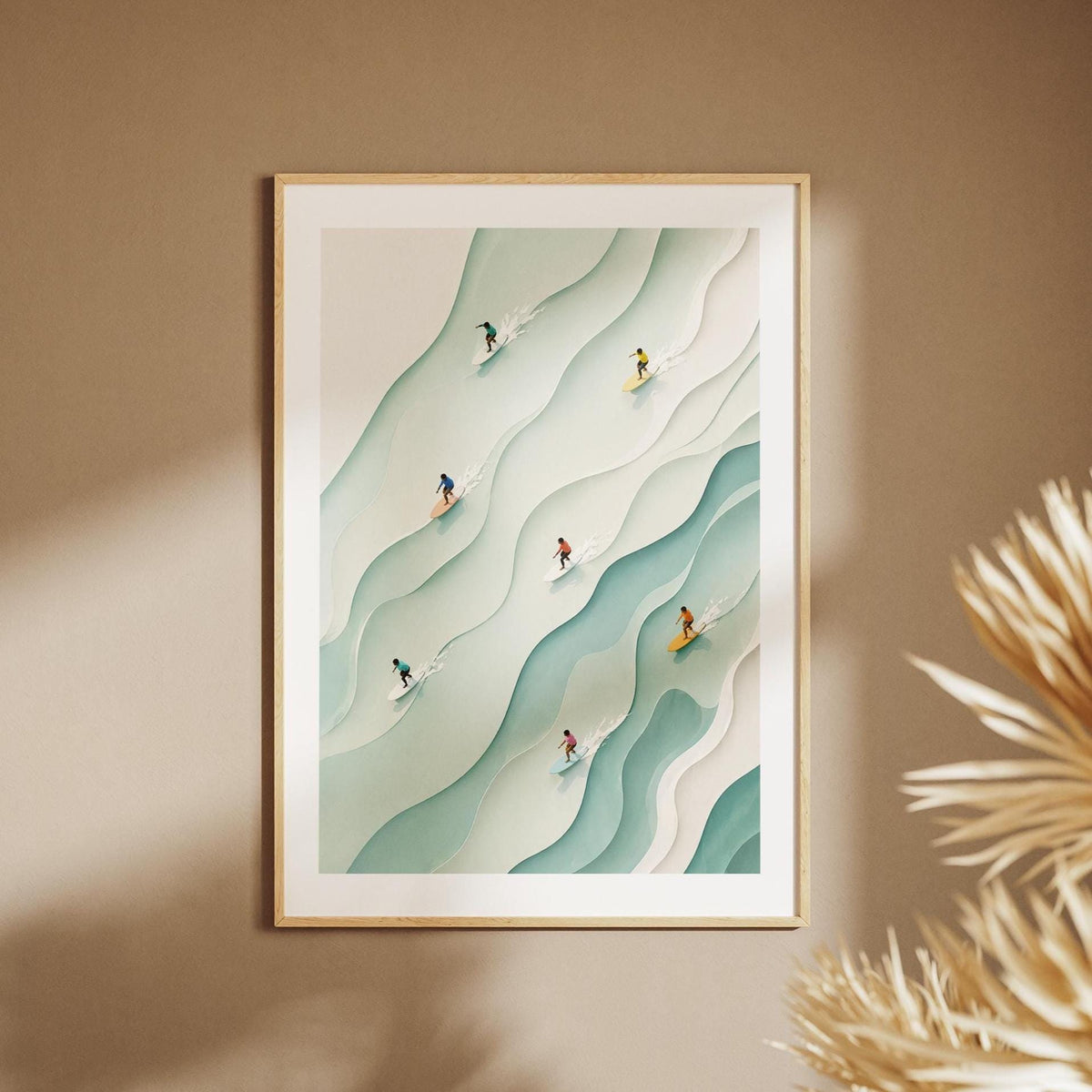 Surfisti tra Onde Astratte Verde Acqua: stampa artistica da parete