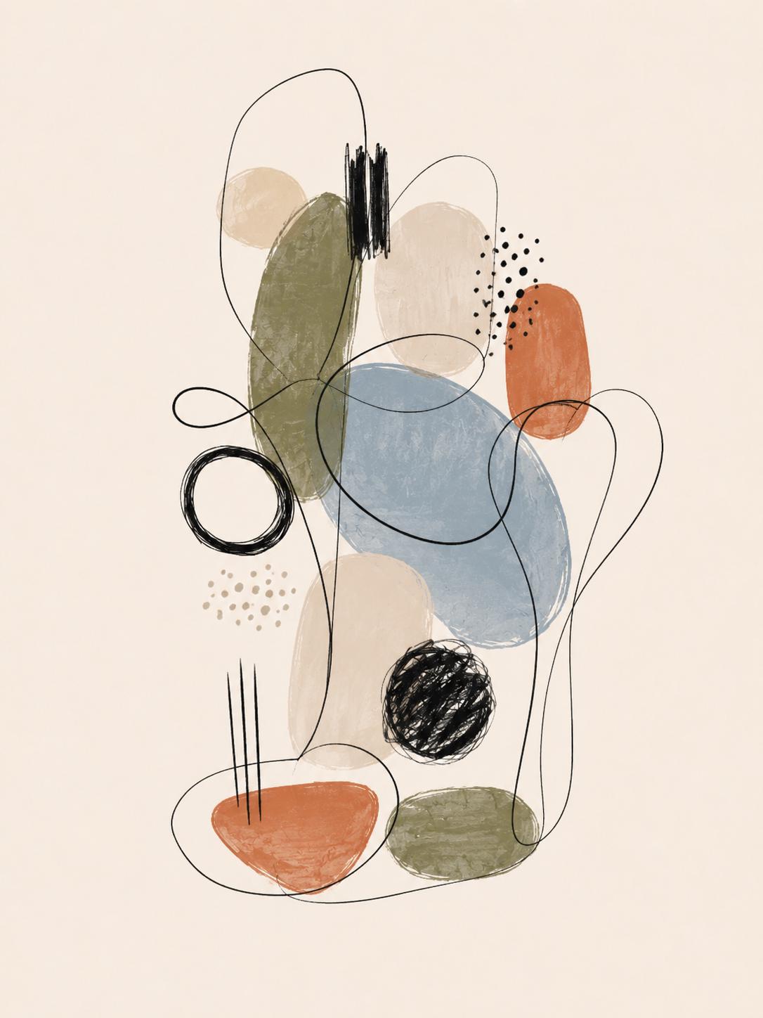 Quadro astratto line art beige, blu e terracotta: vista 3 del prodotto