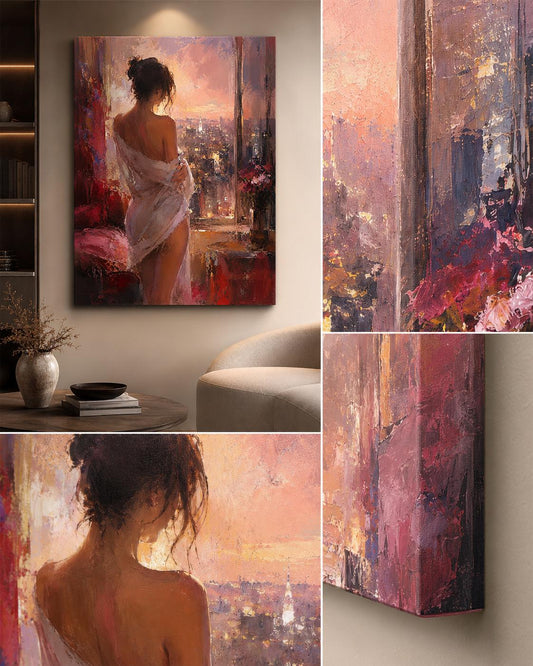 Quadro donna alla finestra al tramonto: vista 2 del prodotto