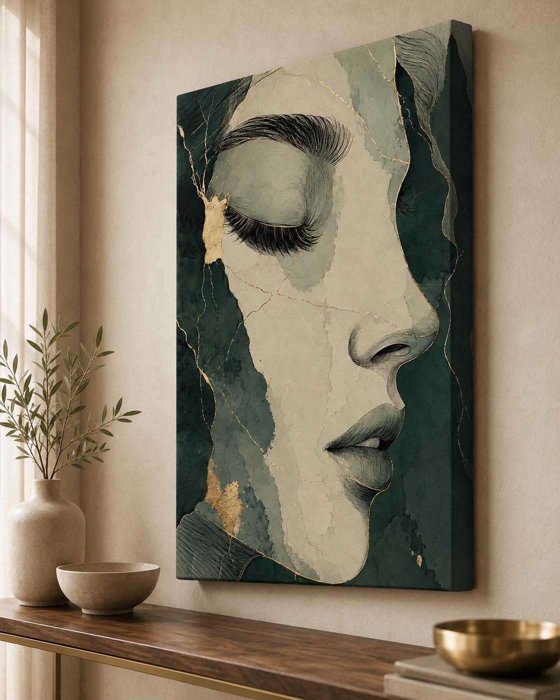 Volto di Donna Astratto Verde e Oro: vista 4 del prodotto