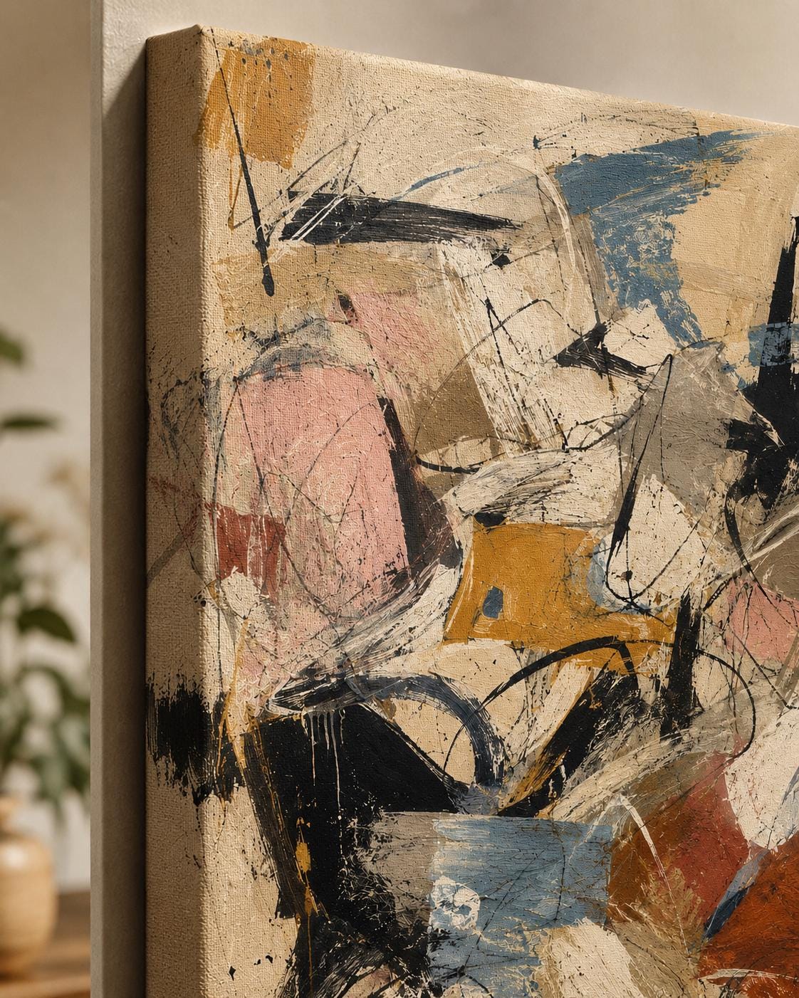 Quadro astratto materico beige, nero e terracotta: vista 4 del prodotto