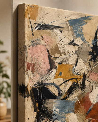 Quadro astratto materico beige, nero e terracotta: vista 4 del prodotto
