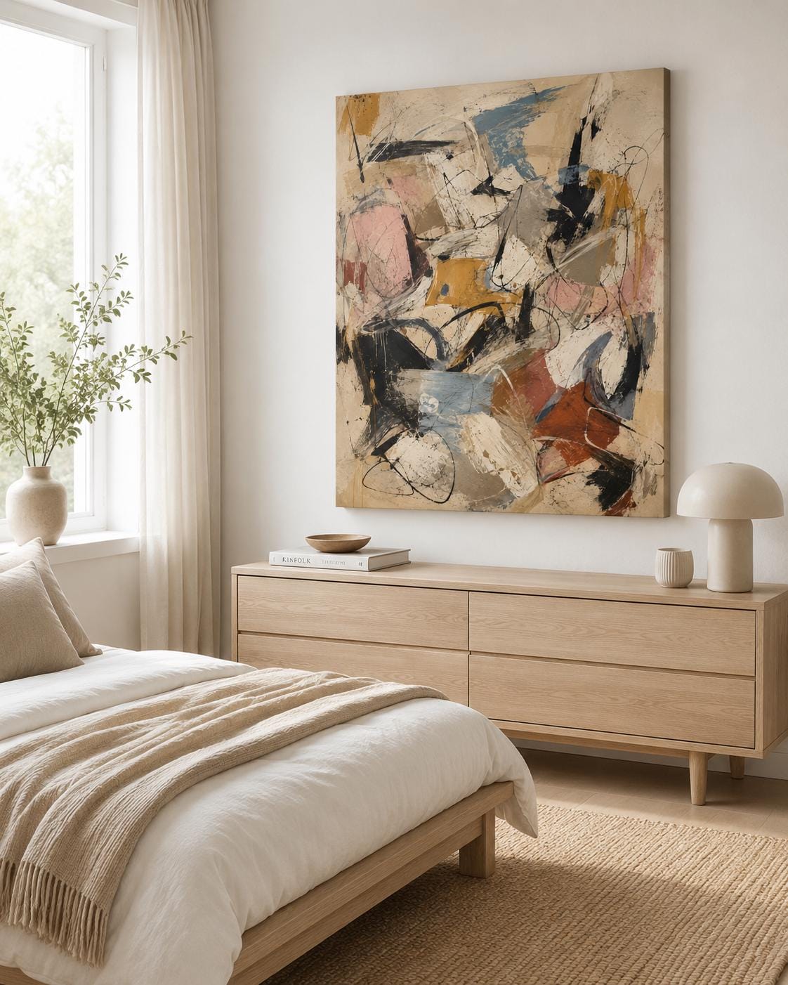 Quadro astratto materico beige, nero e terracotta: vista 5 del prodotto