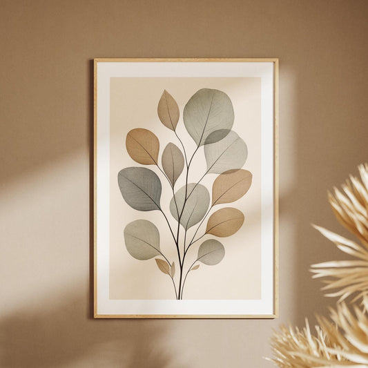Quadro botanico con foglie beige e grigie: stampa artistica da parete