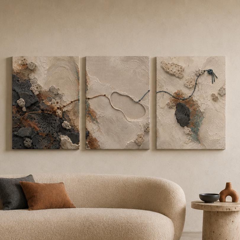 Trittico astratto materico beige e nero – Set di 3 quadri: stampa artistica da parete