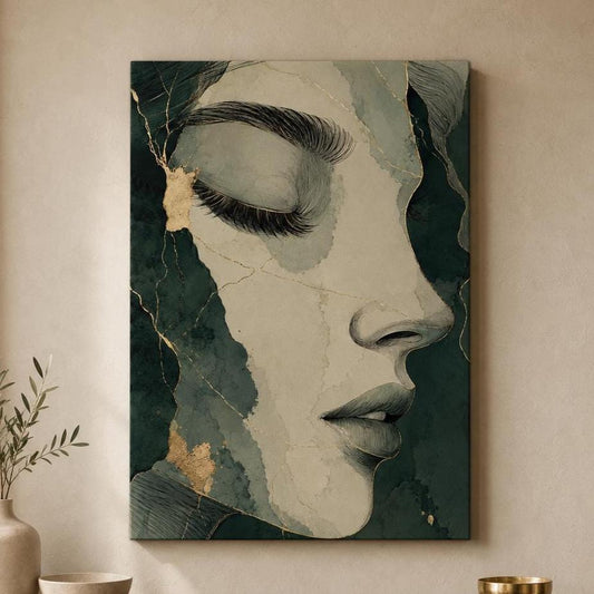 Volto di Donna Astratto Verde e Oro: stampa artistica da parete