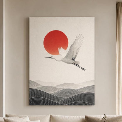 Quadro airone bianco con sole rosso: stampa artistica da parete