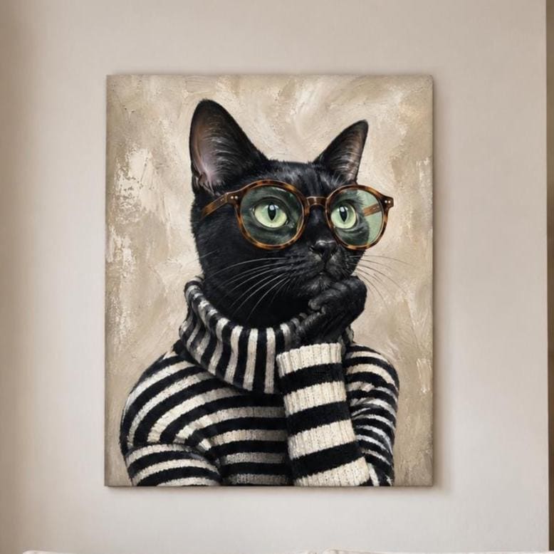 Quadro gatto nero con occhiali: stampa artistica da parete