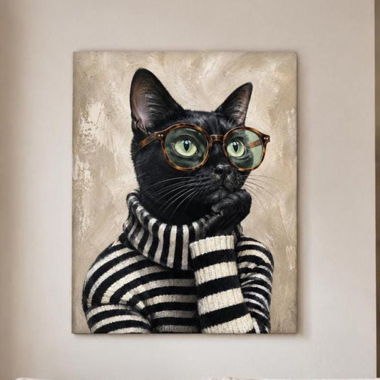 Quadro gatto nero con occhiali: stampa artistica da parete
