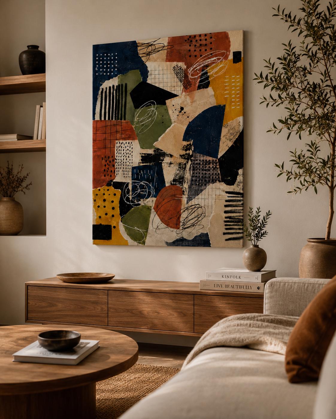 Quadro astratto geometrico terracotta, blu e ocra: vista 2 del prodotto