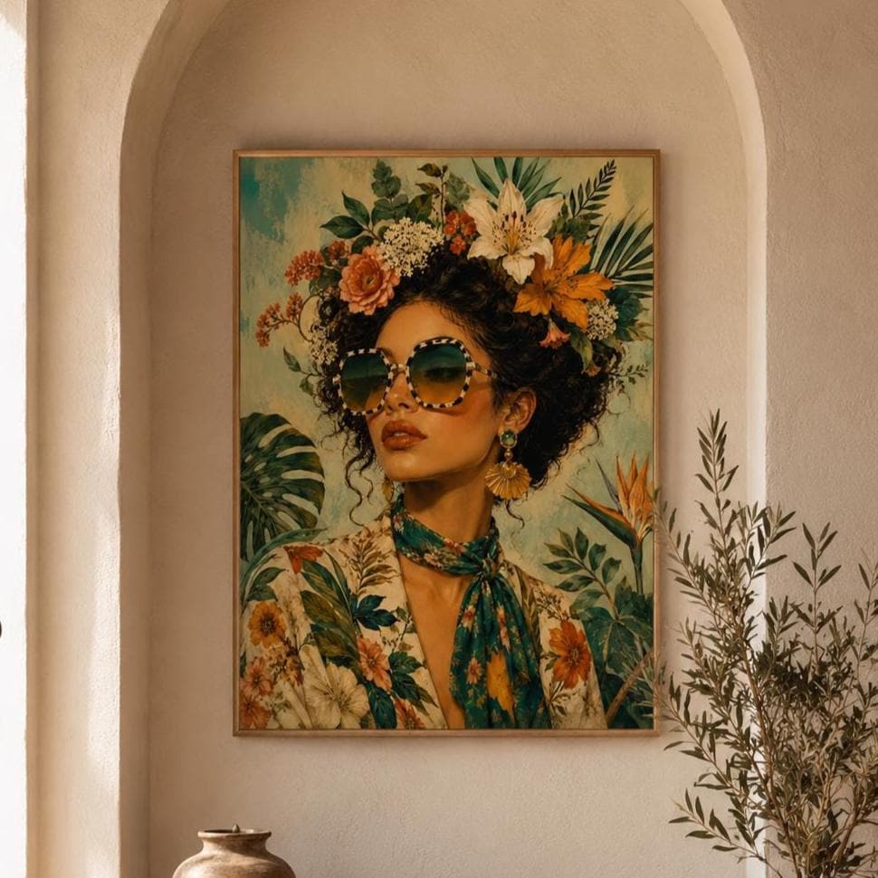 Quadro donna tropicale con fiori e occhiali: stampa artistica da parete