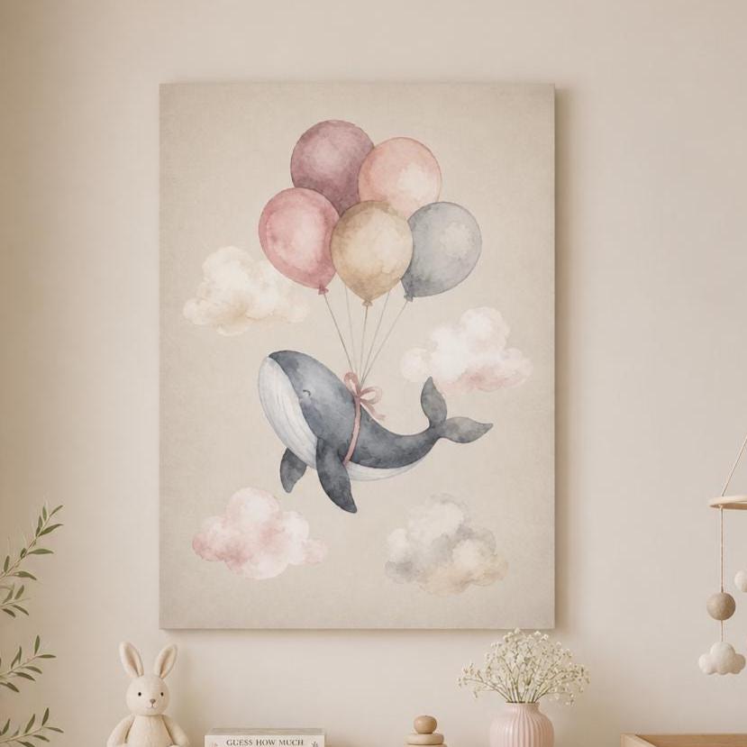 Quadro balena con palloncini per cameretta: stampa artistica da parete