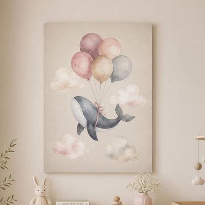 Quadro balena con palloncini per cameretta: stampa artistica da parete