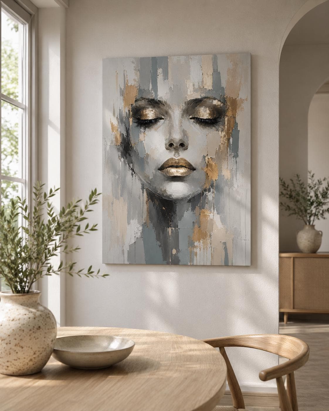 Quadro volto donna astratto grigio e oro: vista 6 del prodotto