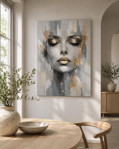 Quadro volto donna astratto grigio e oro: vista 6 del prodotto