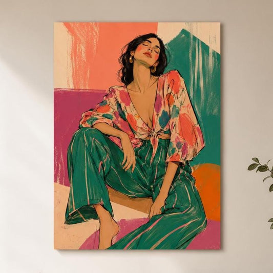 Donna Elegante in Abito Colorato: stampa artistica da parete
