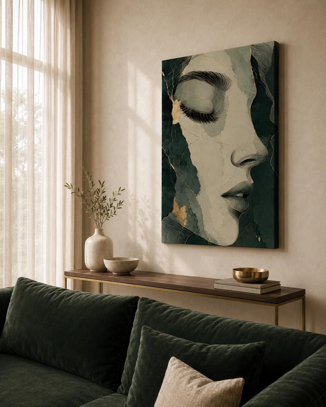 Volto di Donna Astratto Verde e Oro: vista 2 del prodotto