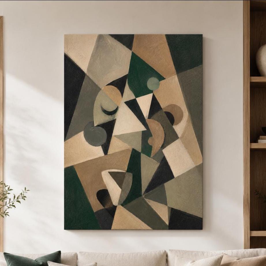 Quadro astratto geometrico verde beige e nero: stampa artistica da parete