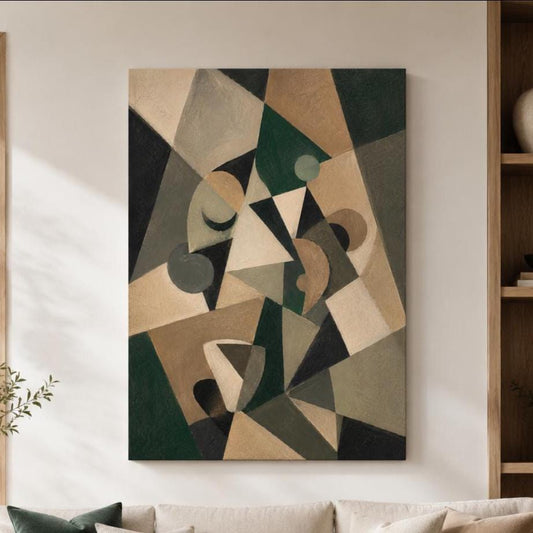 Quadro astratto geometrico verde beige e nero: stampa artistica da parete