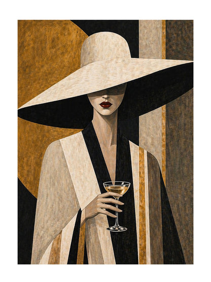 Quadro donna elegante con cappello e calice: vista 2 del prodotto