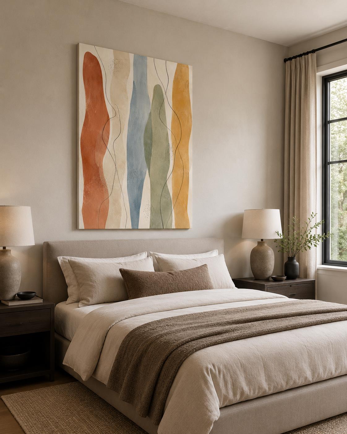 Quadro astratto con onde verticali terracotta, azzurro e verde: vista 5 del prodotto