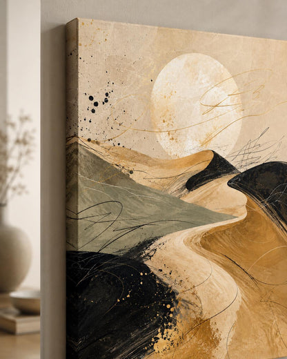 Quadro astratto paesaggio lunare beige e nero: vista 4 del prodotto