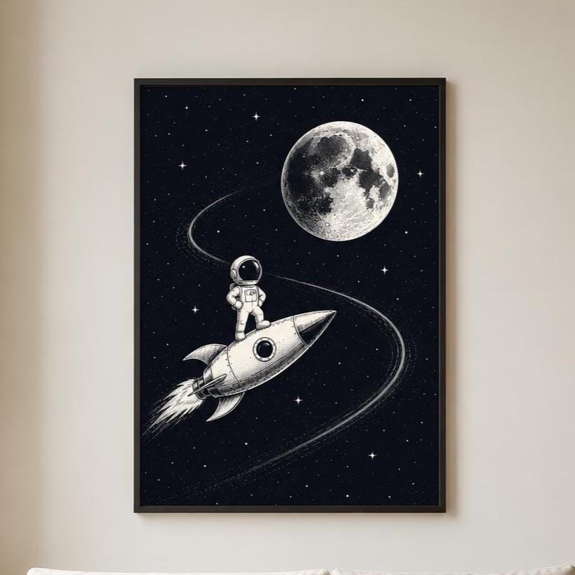 Quadro astronauta su razzo per cameretta: stampa artistica da parete