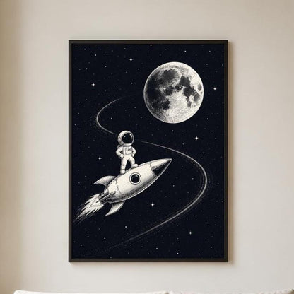 Quadro astronauta su razzo per cameretta: stampa artistica da parete