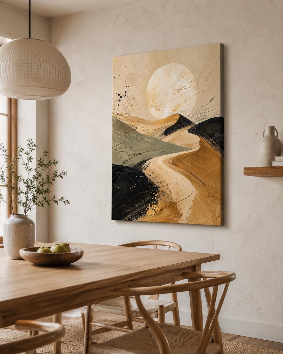 Quadro astratto paesaggio lunare beige e nero: vista 5 del prodotto