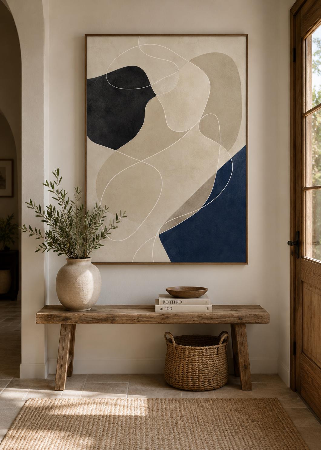 Quadro astratto minimal beige nero e blu: vista 3 del prodotto