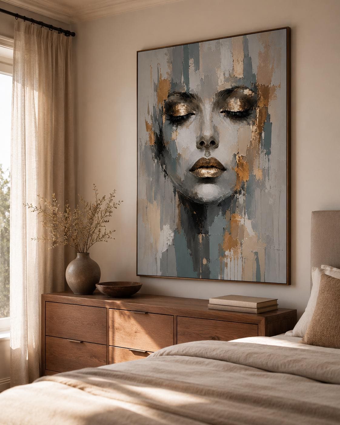 Quadro volto donna astratto grigio e oro: vista 5 del prodotto