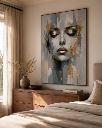 Quadro volto donna astratto grigio e oro: vista 5 del prodotto
