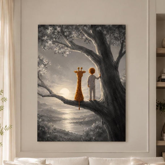 Quadro bambino e giraffa su albero: stampa artistica da parete