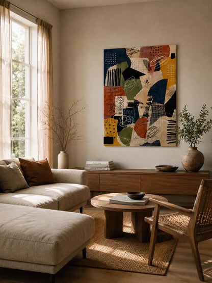 Quadro astratto geometrico terracotta, blu e ocra: vista 5 del prodotto