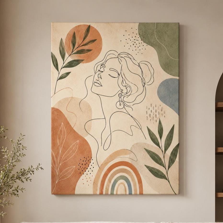 Quadro volto donna line art con foglie: stampa artistica da parete